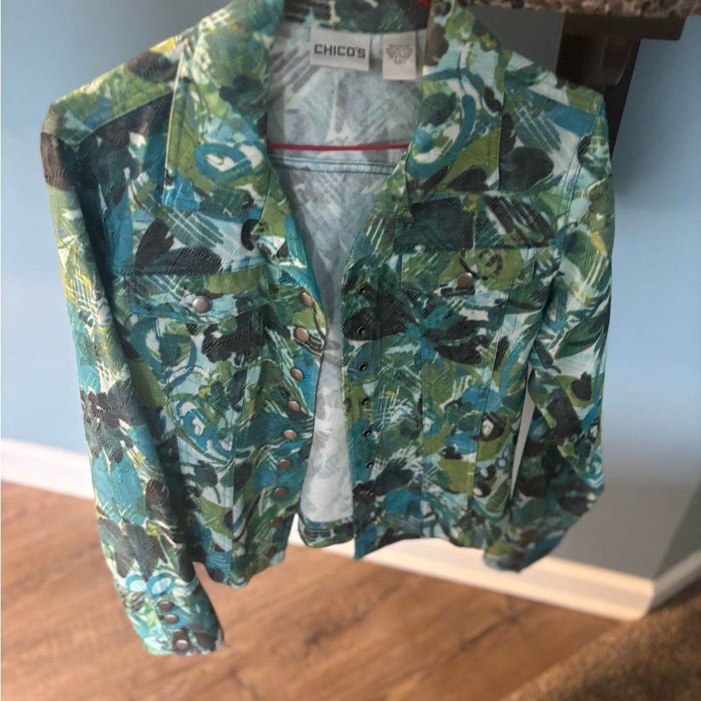 Chico's Green and Blue Jean Jacket Sz 1